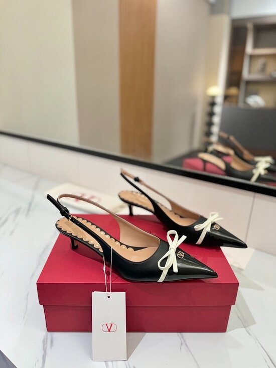 Valentino Garavani. Shoes - Valentino Garavani Patent Cap-Toe Leather Kitten Slingback Pumps